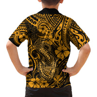 Hawaii Fish Hook Family Matching Off Shoulder Long Sleeve Dress and Hawaiian Shirt Polynesian Pattern Gold Version - Wonder Print Shop