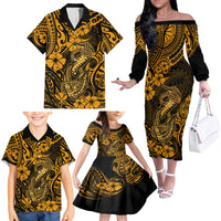Hawaii Fish Hook Family Matching Off Shoulder Long Sleeve Dress and Hawaiian Shirt Polynesian Pattern Gold Version - Wonder Print Shop