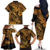 Hawaii Fish Hook Family Matching Off Shoulder Long Sleeve Dress and Hawaiian Shirt Polynesian Pattern Gold Version - Wonder Print Shop