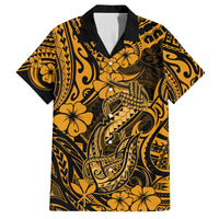 Hawaii Fish Hook Family Matching Off Shoulder Long Sleeve Dress and Hawaiian Shirt Polynesian Pattern Gold Version - Wonder Print Shop
