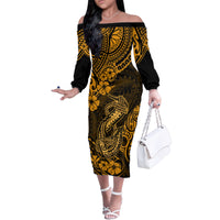 Hawaii Fish Hook Family Matching Off Shoulder Long Sleeve Dress and Hawaiian Shirt Polynesian Pattern Gold Version - Wonder Print Shop