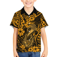 Hawaii Fish Hook Family Matching Off Shoulder Long Sleeve Dress and Hawaiian Shirt Polynesian Pattern Gold Version - Wonder Print Shop