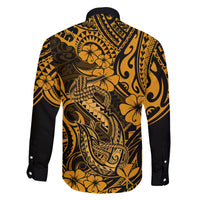 Hawaii Fish Hook Family Matching Off Shoulder Maxi Dress and Hawaiian Shirt Polynesian Pattern Gold Version - Wonder Print Shop