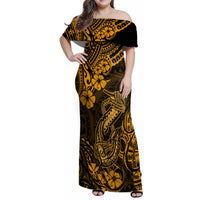 Hawaii Fish Hook Family Matching Off Shoulder Maxi Dress and Hawaiian Shirt Polynesian Pattern Gold Version - Wonder Print Shop