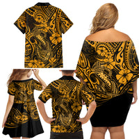 Hawaii Fish Hook Family Matching Off Shoulder Short Dress and Hawaiian Shirt Polynesian Pattern Gold Version - Wonder Print Shop