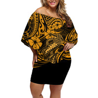 Hawaii Fish Hook Family Matching Off Shoulder Short Dress and Hawaiian Shirt Polynesian Pattern Gold Version - Wonder Print Shop