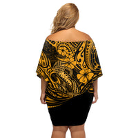 Hawaii Fish Hook Family Matching Off Shoulder Short Dress and Hawaiian Shirt Polynesian Pattern Gold Version - Wonder Print Shop