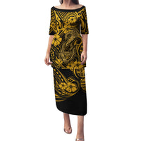 Hawaii Fish Hook Family Matching Puletasi Dress and Hawaiian Shirt Polynesian Pattern Gold Version - Wonder Print Shop