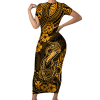 Hawaii Fish Hook Family Matching Short Sleeve Bodycon Dress and Hawaiian Shirt Polynesian Pattern Gold Version - Wonder Print Shop