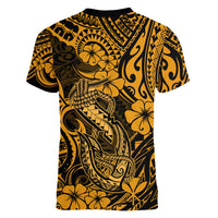 Hawaii Fish Hook Women V Neck T Shirt Polynesian Pattern Gold Version - Wonder Print Shop