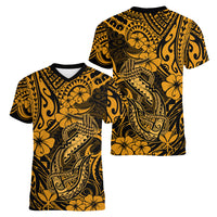 Hawaii Fish Hook Women V Neck T Shirt Polynesian Pattern Gold Version - Wonder Print Shop