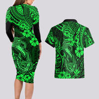 Hawaii Fish Hook Couples Matching Long Sleeve Bodycon Dress and Hawaiian Shirt Polynesian Pattern Green Version - Wonder Print Shop