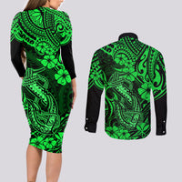 Hawaii Fish Hook Couples Matching Long Sleeve Bodycon Dress and Long Sleeve Button Shirts Polynesian Pattern Green Version - Wonder Print Shop