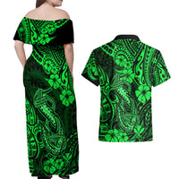 Hawaii Fish Hook Couples Matching Off Shoulder Maxi Dress and Hawaiian Shirt Polynesian Pattern Green Version - Wonder Print Shop