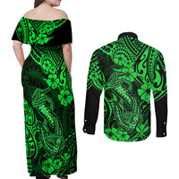 Hawaii Fish Hook Couples Matching Off Shoulder Maxi Dress and Long Sleeve Button Shirts Polynesian Pattern Green Version - Wonder Print Shop