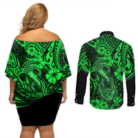 Hawaii Fish Hook Couples Matching Off Shoulder Short Dress and Long Sleeve Button Shirts Polynesian Pattern Green Version - Wonder Print Shop