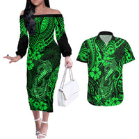 Hawaii Fish Hook Couples Matching Off The Shoulder Long Sleeve Dress and Hawaiian Shirt Polynesian Pattern Green Version - Wonder Print Shop