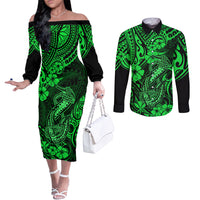 hawaii-fish-hook-couples-matching-off-the-shoulder-long-sleeve-dress-and-long-sleeve-button-shirts-polynesian-pattern-green-version