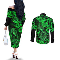 hawaii-fish-hook-couples-matching-off-the-shoulder-long-sleeve-dress-and-long-sleeve-button-shirts-polynesian-pattern-green-version
