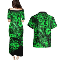 Hawaii Fish Hook Couples Matching Puletasi Dress and Hawaiian Shirt Polynesian Pattern Green Version - Wonder Print Shop