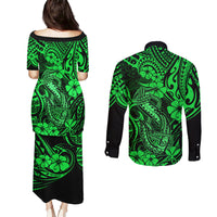 Hawaii Fish Hook Couples Matching Puletasi Dress and Long Sleeve Button Shirts Polynesian Pattern Green Version - Wonder Print Shop
