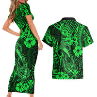 Hawaii Fish Hook Couples Matching Short Sleeve Bodycon Dress and Hawaiian Shirt Polynesian Pattern Green Version - Wonder Print Shop
