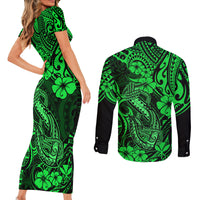 Hawaii Fish Hook Couples Matching Short Sleeve Bodycon Dress and Long Sleeve Button Shirts Polynesian Pattern Green Version - Wonder Print Shop