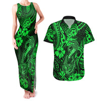 Hawaii Fish Hook Couples Matching Tank Maxi Dress and Hawaiian Shirt Polynesian Pattern Green Version - Wonder Print Shop