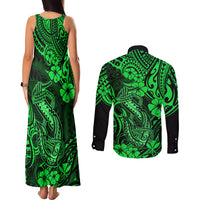 Hawaii Fish Hook Couples Matching Tank Maxi Dress and Long Sleeve Button Shirts Polynesian Pattern Green Version - Wonder Print Shop