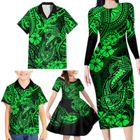Hawaii Fish Hook Family Matching Long Sleeve Bodycon Dress and Hawaiian Shirt Polynesian Pattern Green Version - Wonder Print Shop