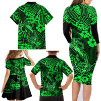 Hawaii Fish Hook Family Matching Long Sleeve Bodycon Dress and Hawaiian Shirt Polynesian Pattern Green Version - Wonder Print Shop