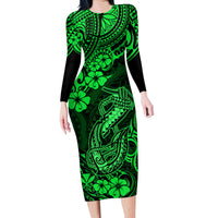 Hawaii Fish Hook Family Matching Long Sleeve Bodycon Dress and Hawaiian Shirt Polynesian Pattern Green Version - Wonder Print Shop