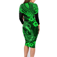 Hawaii Fish Hook Family Matching Long Sleeve Bodycon Dress and Hawaiian Shirt Polynesian Pattern Green Version - Wonder Print Shop