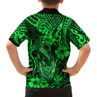 Hawaii Fish Hook Family Matching Off Shoulder Long Sleeve Dress and Hawaiian Shirt Polynesian Pattern Green Version - Wonder Print Shop