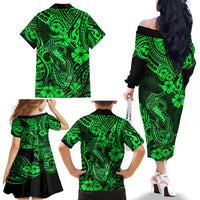 Hawaii Fish Hook Family Matching Off Shoulder Long Sleeve Dress and Hawaiian Shirt Polynesian Pattern Green Version - Wonder Print Shop