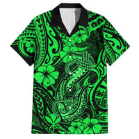 Hawaii Fish Hook Family Matching Off Shoulder Long Sleeve Dress and Hawaiian Shirt Polynesian Pattern Green Version - Wonder Print Shop