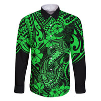 Hawaii Fish Hook Family Matching Off Shoulder Long Sleeve Dress and Hawaiian Shirt Polynesian Pattern Green Version - Wonder Print Shop