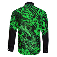 Hawaii Fish Hook Family Matching Off Shoulder Long Sleeve Dress and Hawaiian Shirt Polynesian Pattern Green Version - Wonder Print Shop