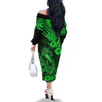 Hawaii Fish Hook Family Matching Off Shoulder Long Sleeve Dress and Hawaiian Shirt Polynesian Pattern Green Version - Wonder Print Shop