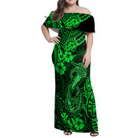 Hawaii Fish Hook Family Matching Off Shoulder Maxi Dress and Hawaiian Shirt Polynesian Pattern Green Version - Wonder Print Shop