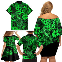Hawaii Fish Hook Family Matching Off Shoulder Short Dress and Hawaiian Shirt Polynesian Pattern Green Version - Wonder Print Shop
