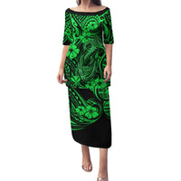 Hawaii Fish Hook Family Matching Puletasi Dress and Hawaiian Shirt Polynesian Pattern Green Version - Wonder Print Shop
