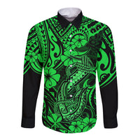 Hawaii Fish Hook Long Sleeve Button Shirt Polynesian Pattern Green Version - Wonder Print Shop