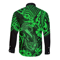 Hawaii Fish Hook Long Sleeve Button Shirt Polynesian Pattern Green Version - Wonder Print Shop