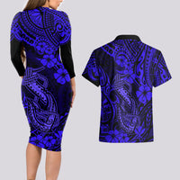 Hawaii Fish Hook Couples Matching Long Sleeve Bodycon Dress and Hawaiian Shirt Polynesian Pattern Navy Blue Version - Wonder Print Shop