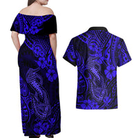 Hawaii Fish Hook Couples Matching Off Shoulder Maxi Dress and Hawaiian Shirt Polynesian Pattern Navy Blue Version - Wonder Print Shop