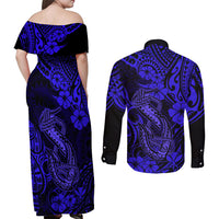 Hawaii Fish Hook Couples Matching Off Shoulder Maxi Dress and Long Sleeve Button Shirts Polynesian Pattern Navy Blue Version - Wonder Print Shop