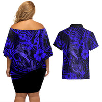 Hawaii Fish Hook Couples Matching Off Shoulder Short Dress and Hawaiian Shirt Polynesian Pattern Navy Blue Version - Wonder Print Shop