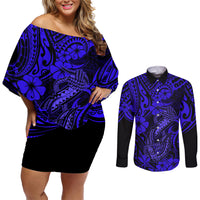 Hawaii Fish Hook Couples Matching Off Shoulder Short Dress and Long Sleeve Button Shirts Polynesian Pattern Navy Blue Version - Wonder Print Shop