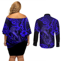 Hawaii Fish Hook Couples Matching Off Shoulder Short Dress and Long Sleeve Button Shirts Polynesian Pattern Navy Blue Version - Wonder Print Shop